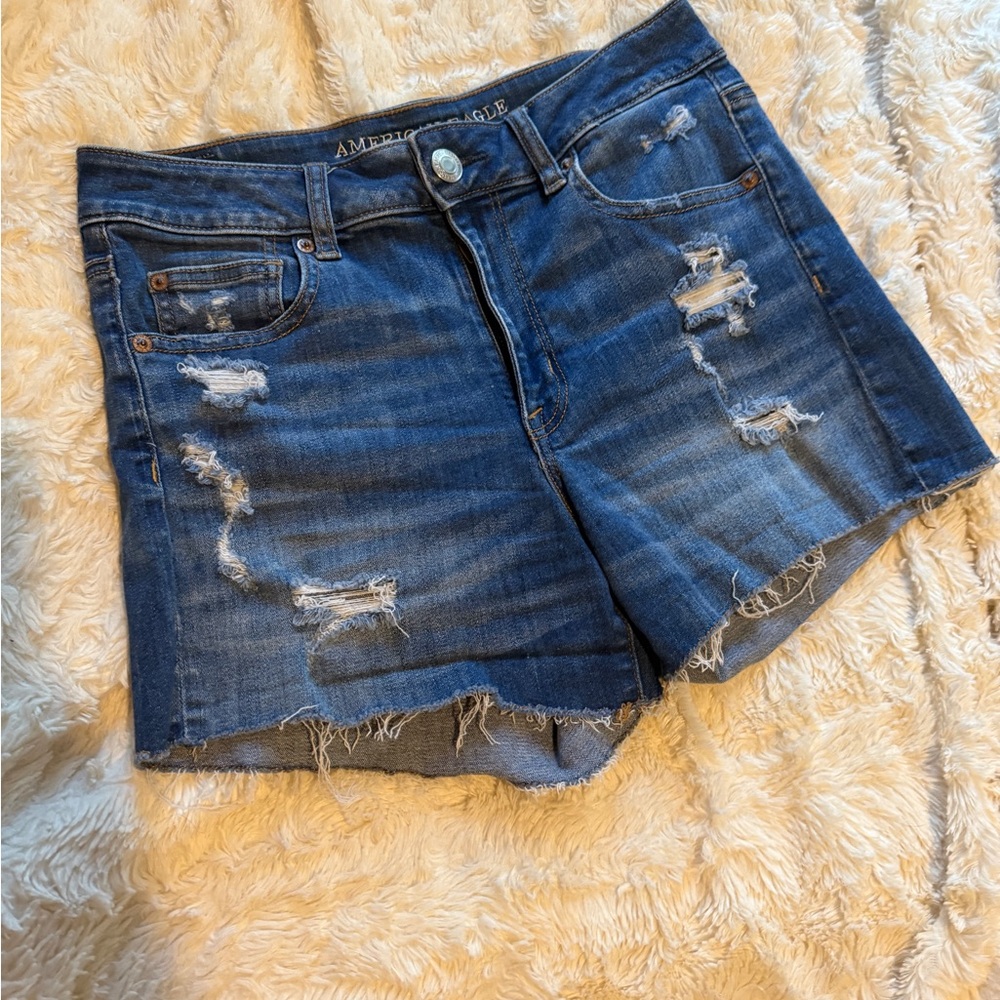 American Eagle Outfitters Women's Ripped Jean Shorts - Super Stretch Dark Blue